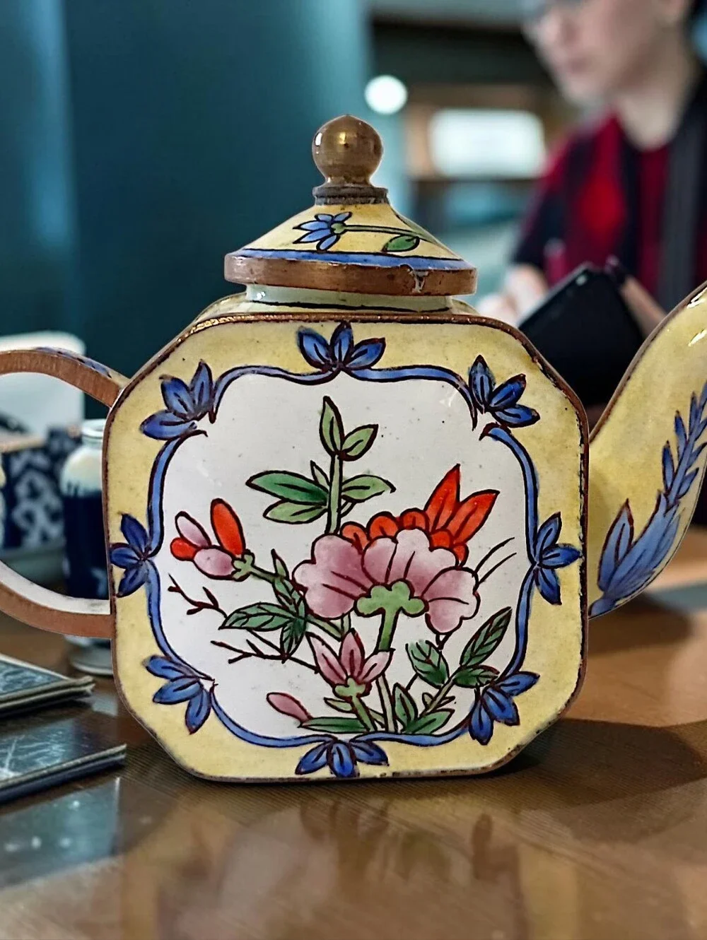 Vtg MINI Enameled Floral Teapot Chinoiserie Cloisonne Bloomcore Cottage Diorama